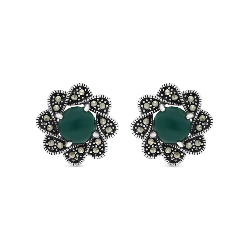 Sterling Silver 925 Earring Embedded With Natural Green Agate And Marcasite Stones