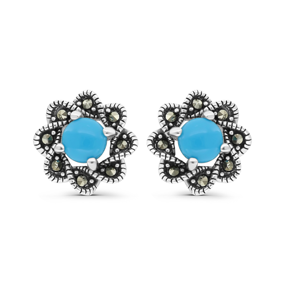 Sterling Silver 925 Earring Embedded With Natural Processed Turquoise And Marcasite Stones