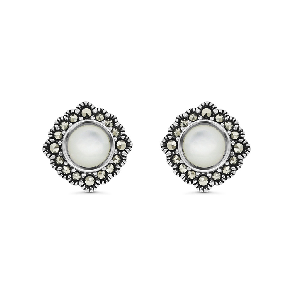 Sterling Silver 925 Earring Embedded With Natural White Shell And Marcasite Stones