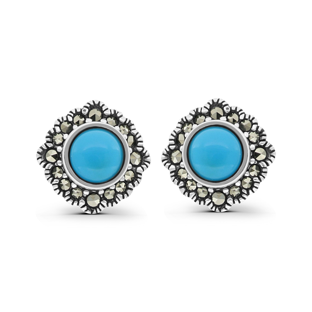 Sterling Silver 925 Earring Embedded With Natural Processed Turquoise And Marcasite Stones