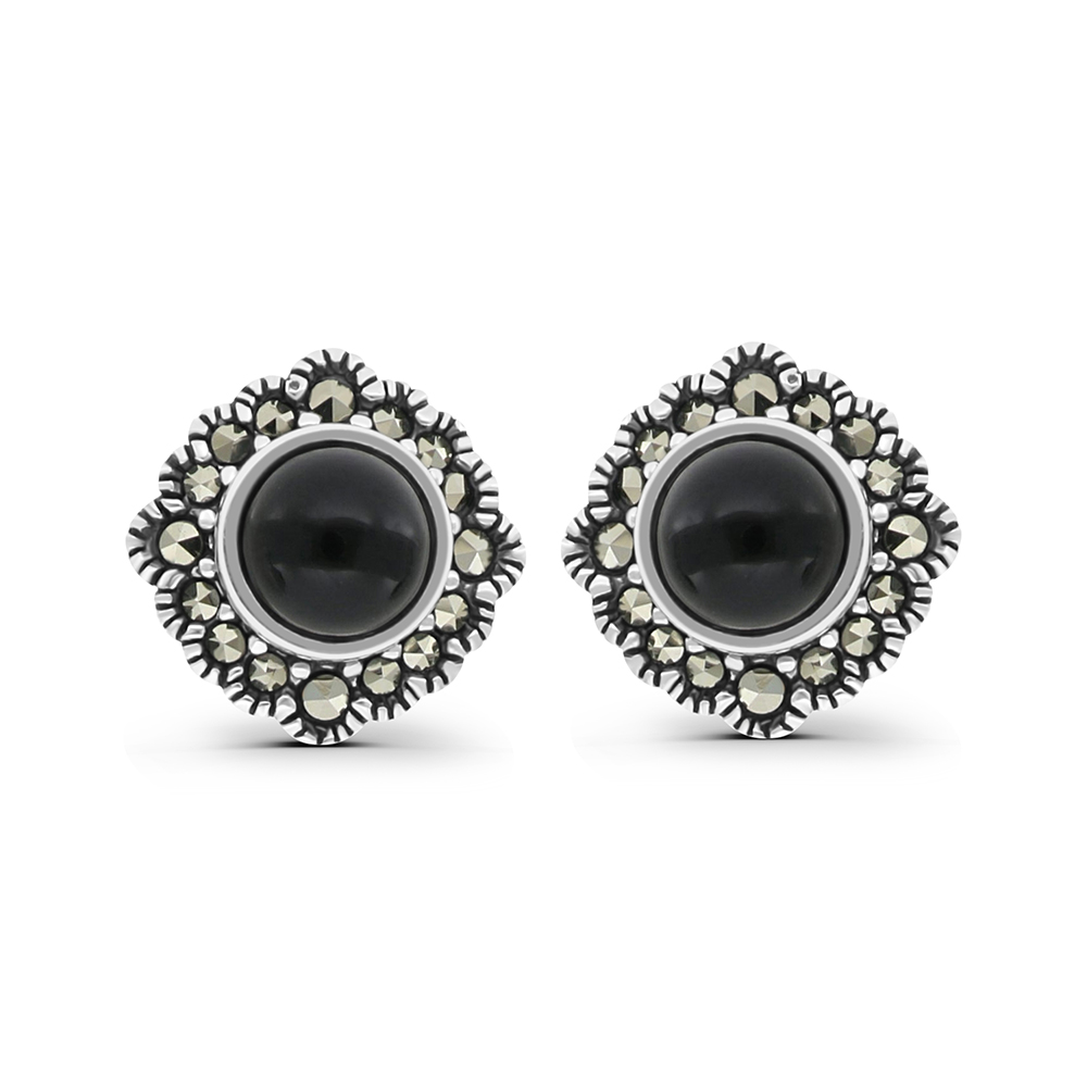 Sterling Silver 925 Earring Embedded With Natural Black Agate And Marcasite Stones