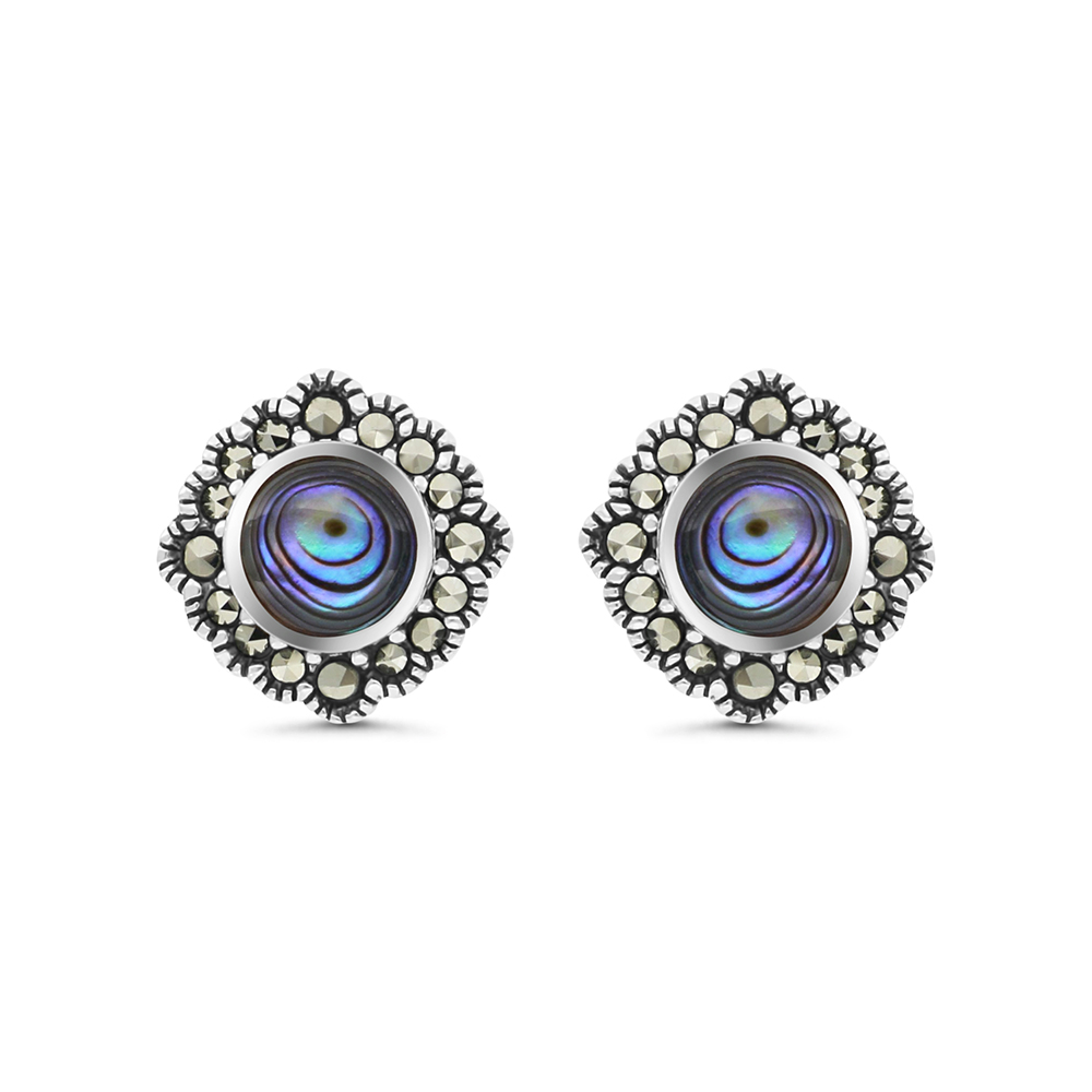 Sterling Silver 925 Earring Embedded With Natural Blue Shell And Marcasite Stones