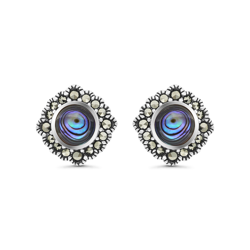 Sterling Silver 925 Earring Embedded With Natural Blue Shell And Marcasite Stones