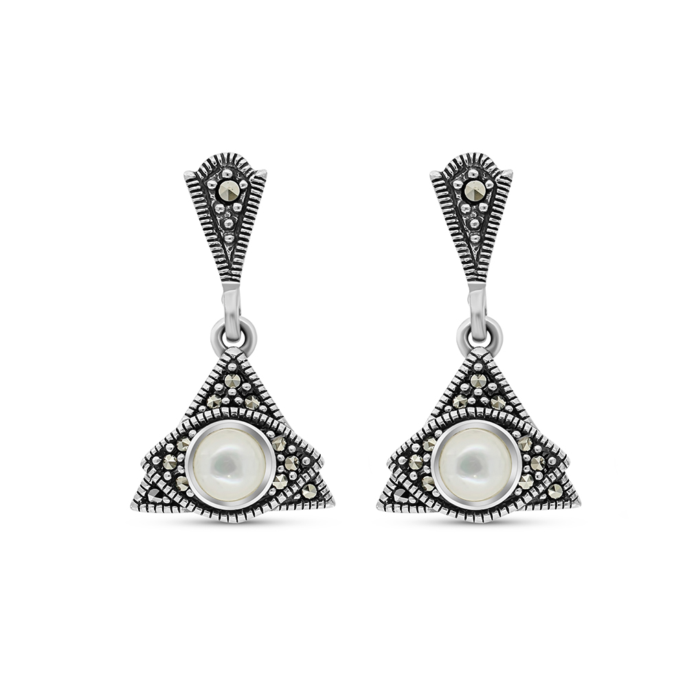 Sterling Silver 925 Earring Embedded With Natural White Shell And Marcasite Stones