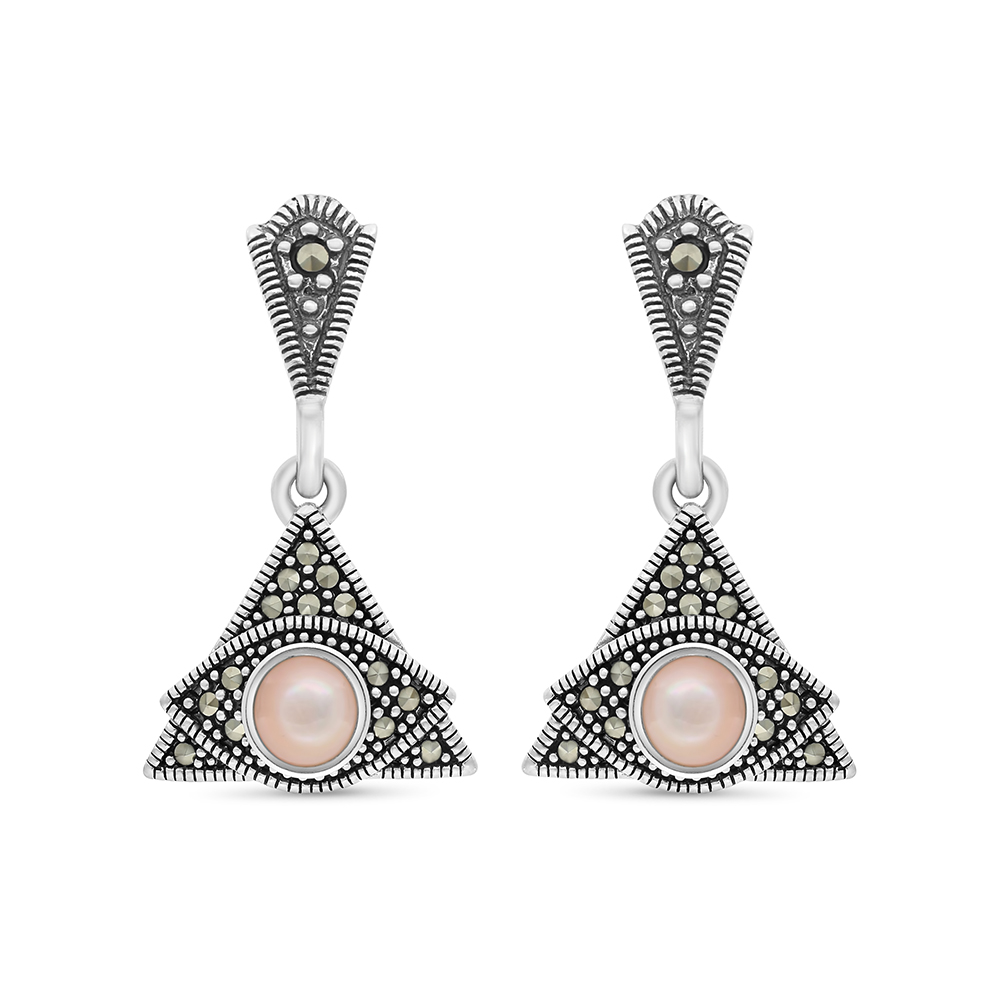 Sterling Silver 925 Earring Embedded With Natural Pink Shell And Marcasite Stones