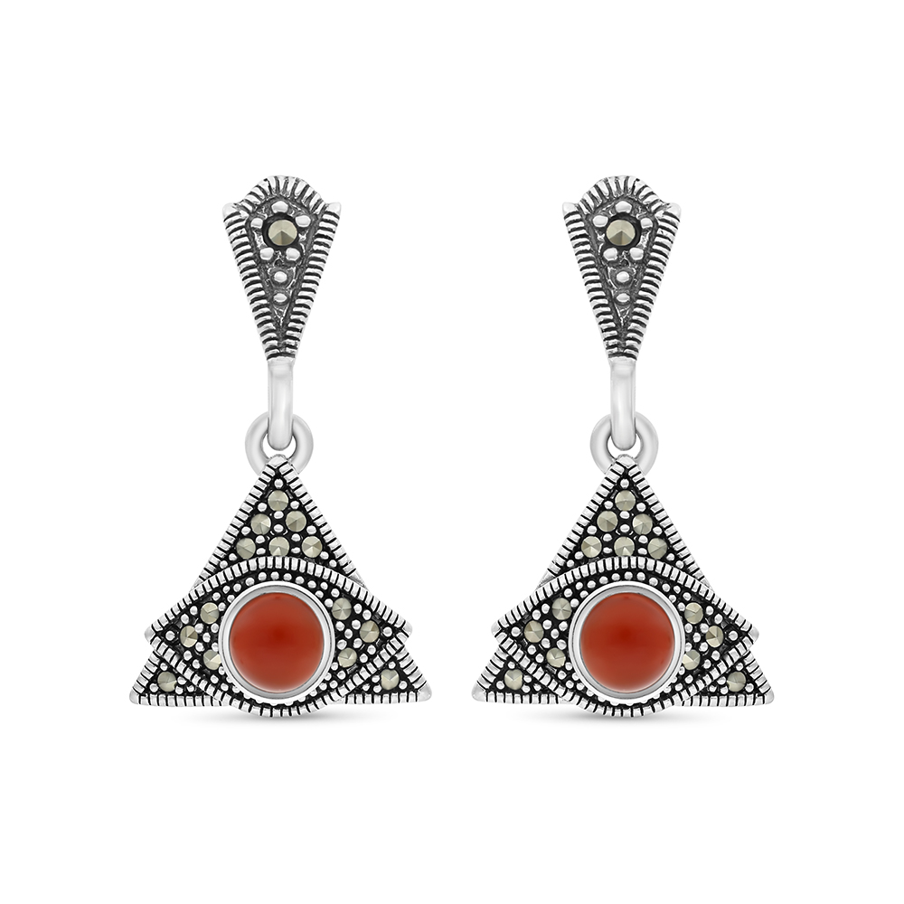 Sterling Silver 925 Earring Embedded With Natural Aqiq And Marcasite Stones