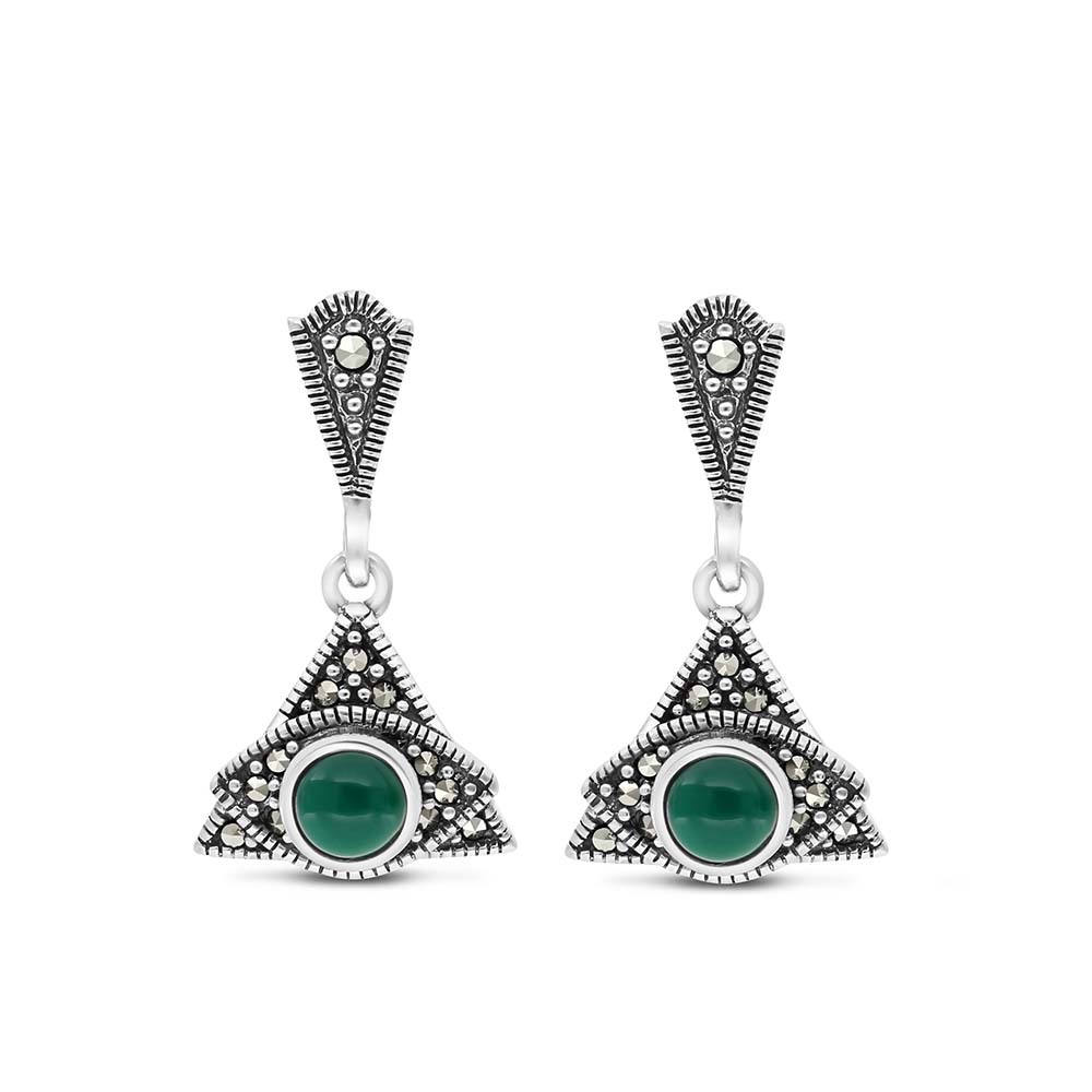 Sterling Silver 925 Earring Embedded With Natural Green Agate And Marcasite Stones