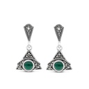 Sterling Silver 925 Earring Embedded With Natural Green Agate And Marcasite Stones