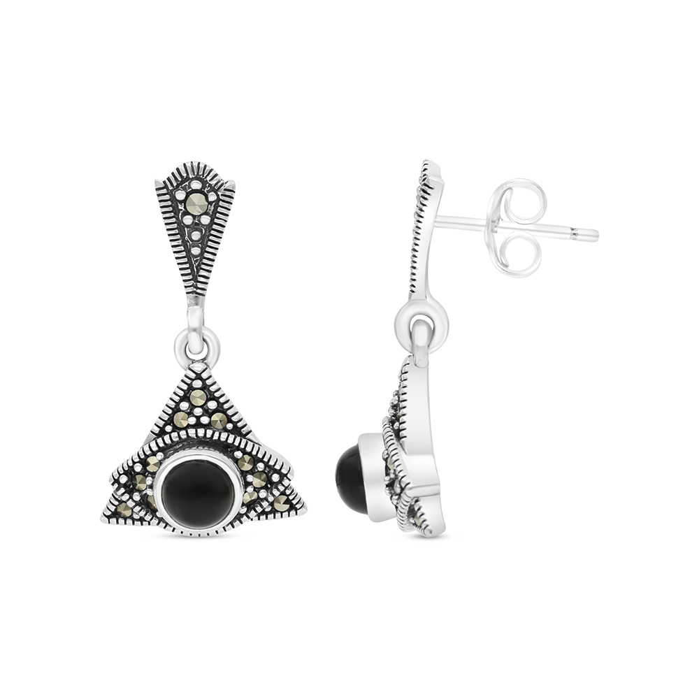 Sterling Silver 925 Earring Embedded With Natural Black Agate And Marcasite Stones