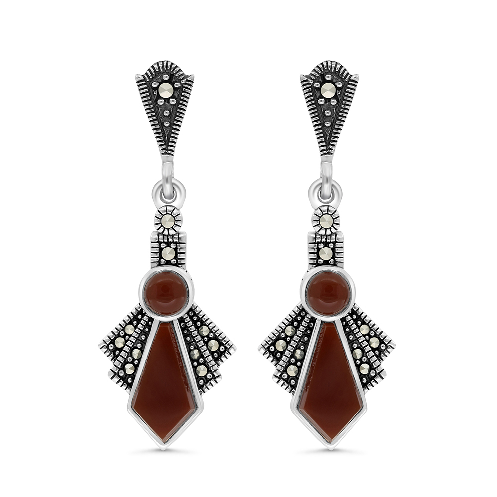 Sterling Silver 925 Earring Embedded With Natural Aqiq And Marcasite Stones