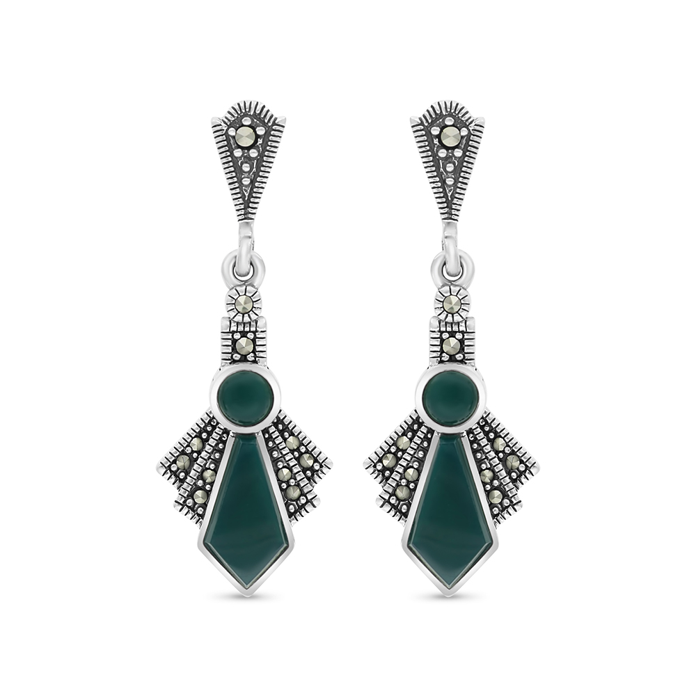 Sterling Silver 925 Earring Embedded With Natural Green Agate And Marcasite Stones
