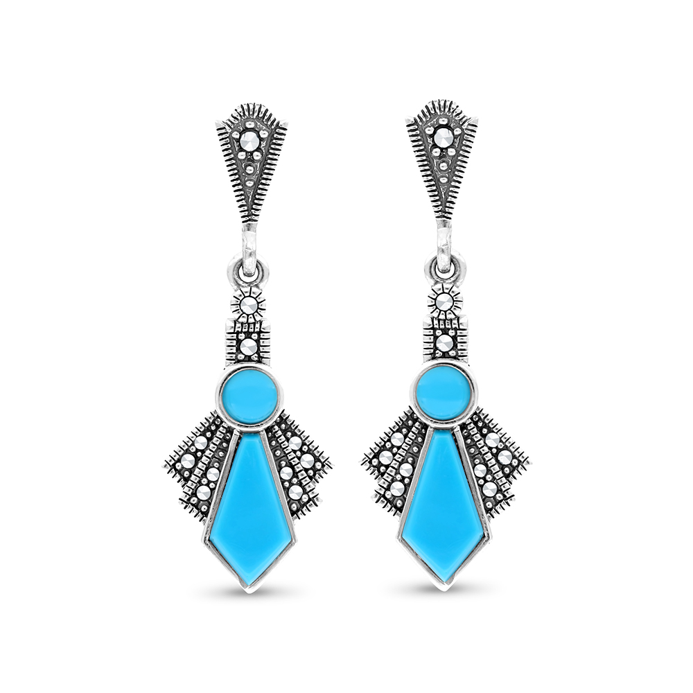 Sterling Silver 925 Earring Embedded With Natural Processed Turquoise And Marcasite Stones