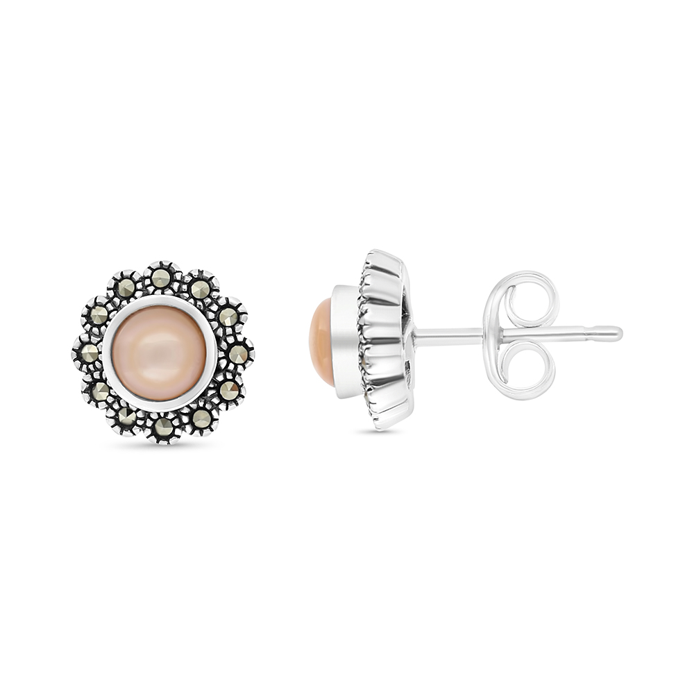 Sterling Silver 925 Earring Embedded With Natural Pink Shell And Marcasite Stones