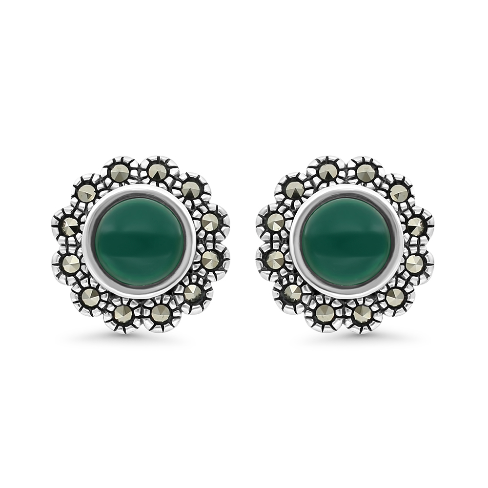 Sterling Silver 925 Earring Embedded With Natural Green Agate And Marcasite Stones