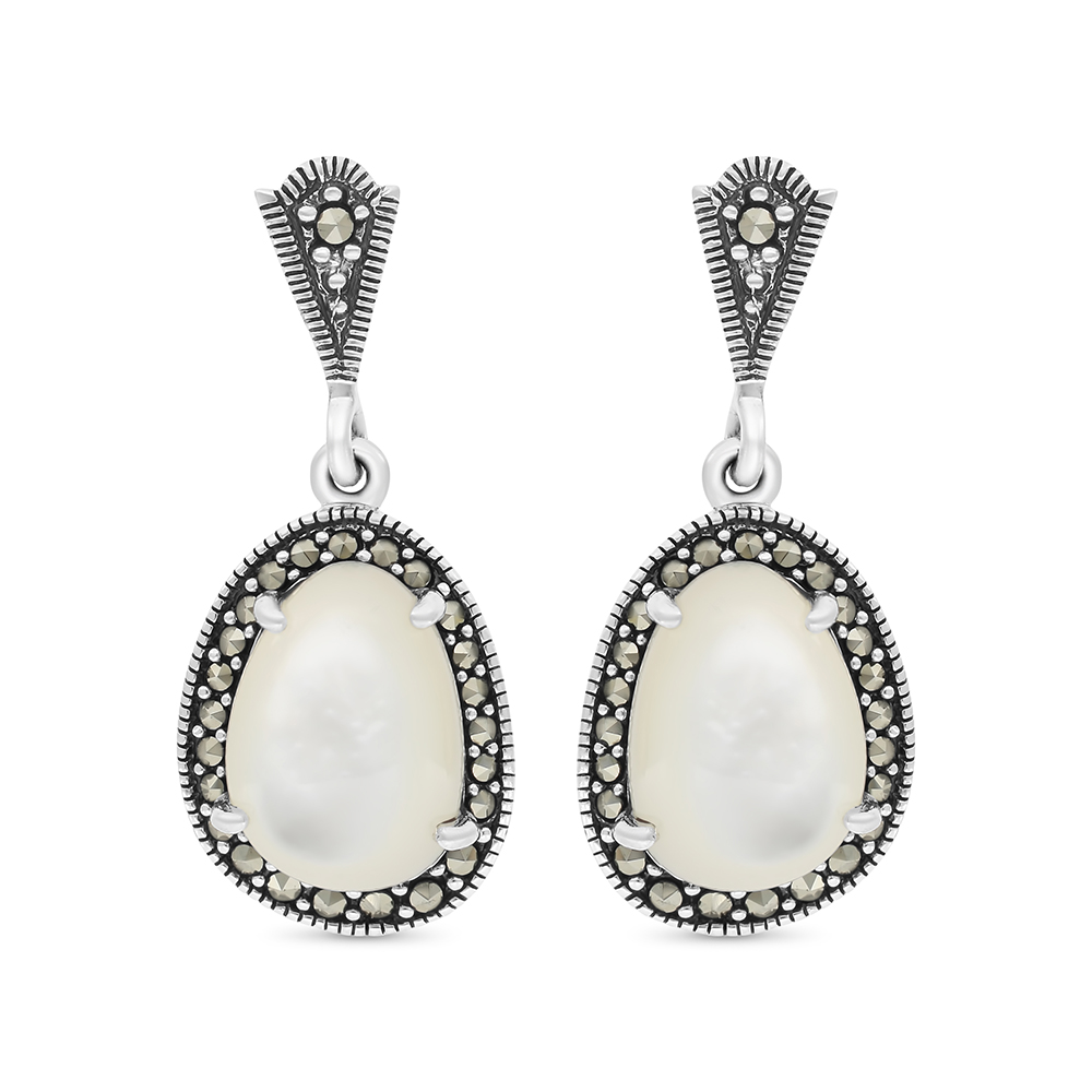 Sterling Silver 925 Earring Embedded With Natural White Shell And Marcasite Stones