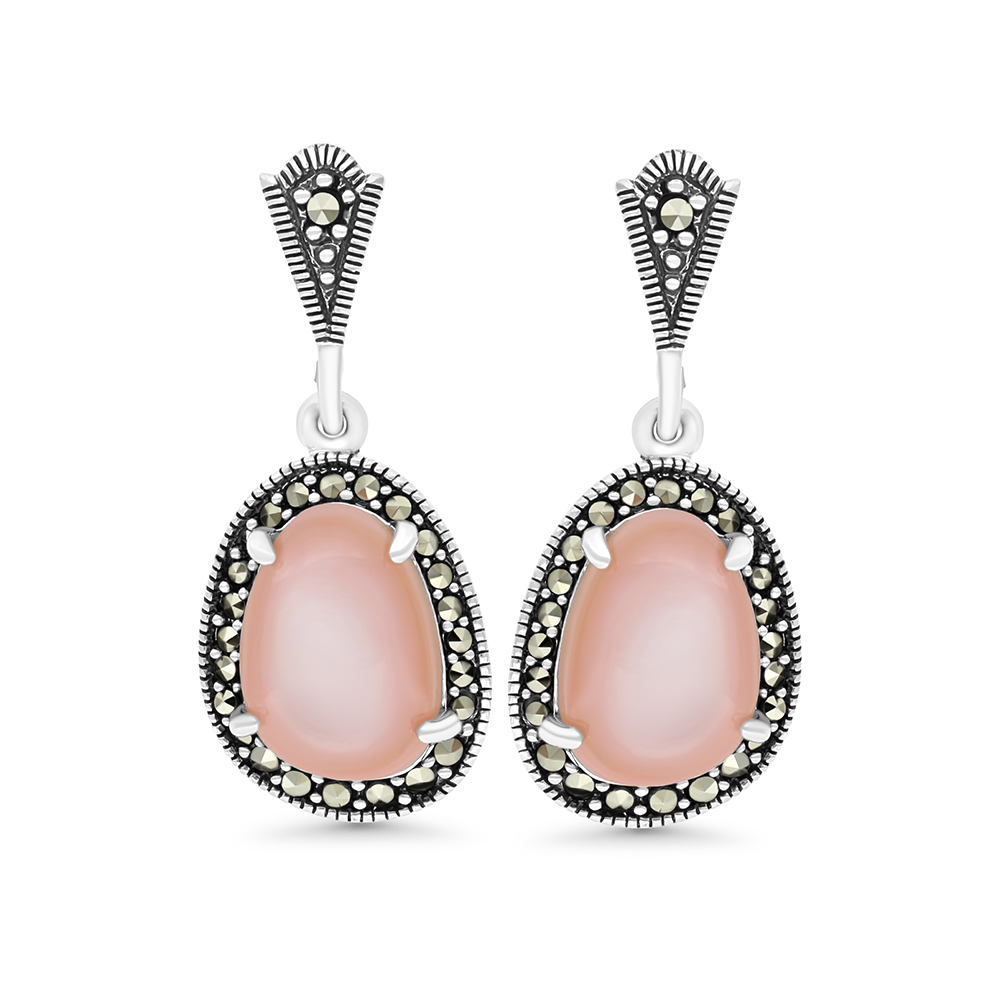 Sterling Silver 925 Earring Embedded With Natural Pink Shell And Marcasite Stones