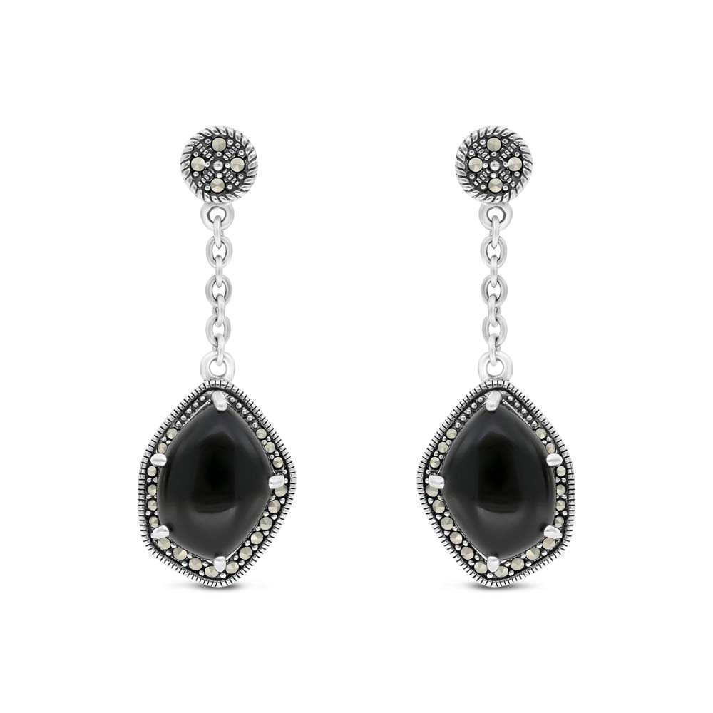 Sterling Silver 925 Earring Embedded With Natural Black Agate And Marcasite Stones