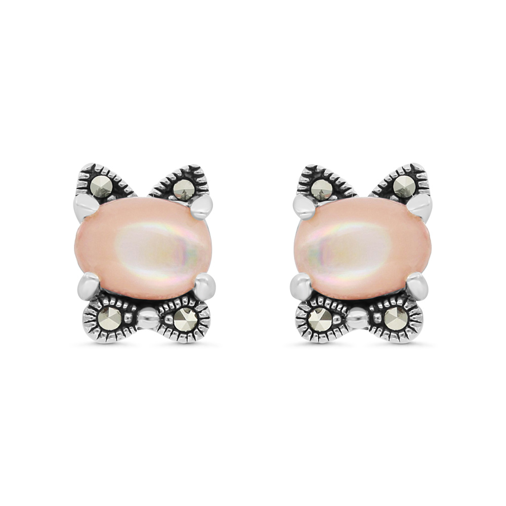 Sterling Silver 925 Earring Embedded With Natural Pink Shell And Marcasite Stones