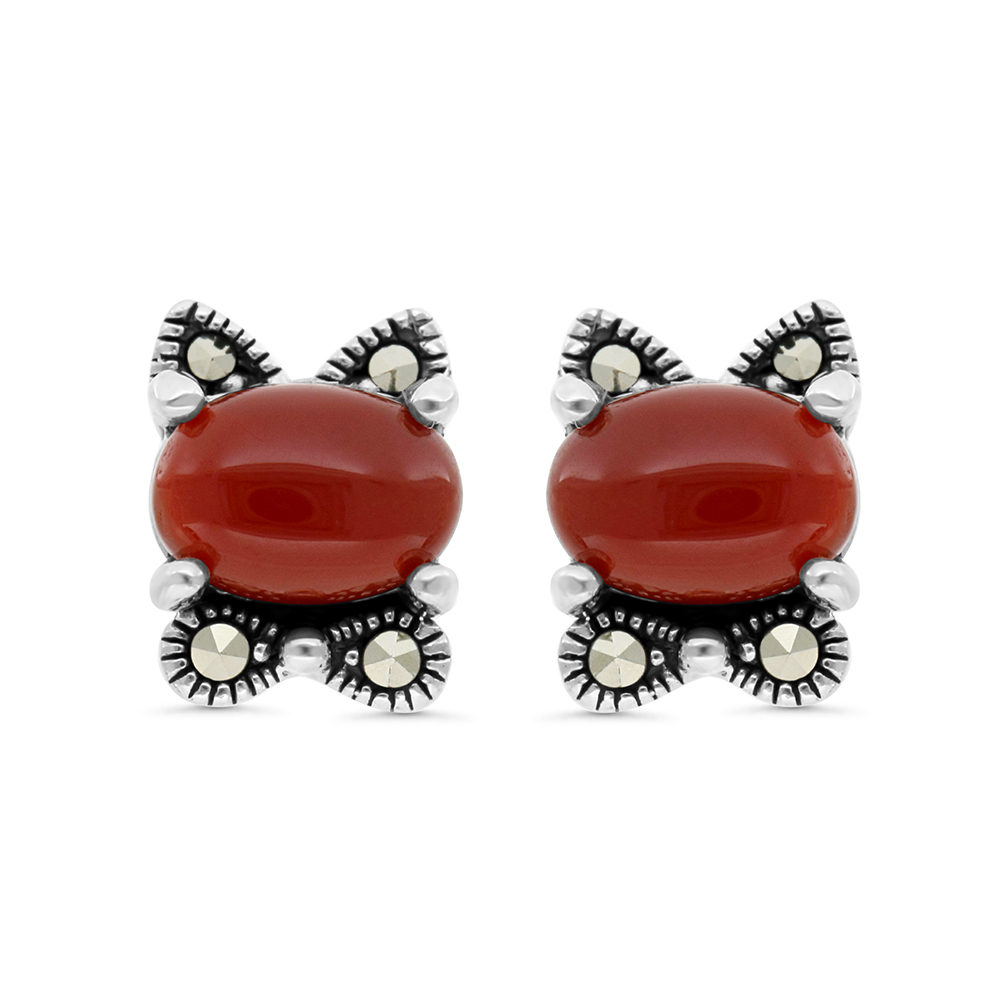 Sterling Silver 925 Earring Embedded With Natural Aqiq And Marcasite Stones
