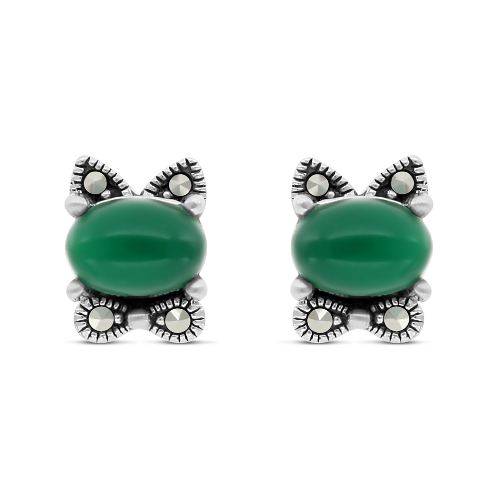 Sterling Silver 925 Earring Embedded With Natural Green Agate And Marcasite Stones