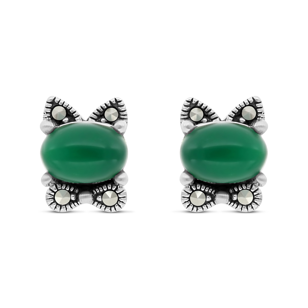 Sterling Silver 925 Earring Embedded With Natural Green Agate And Marcasite Stones