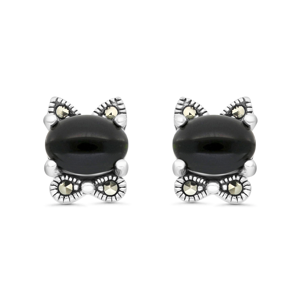 Sterling Silver 925 Earring Embedded With Natural Black Agate And Marcasite Stones