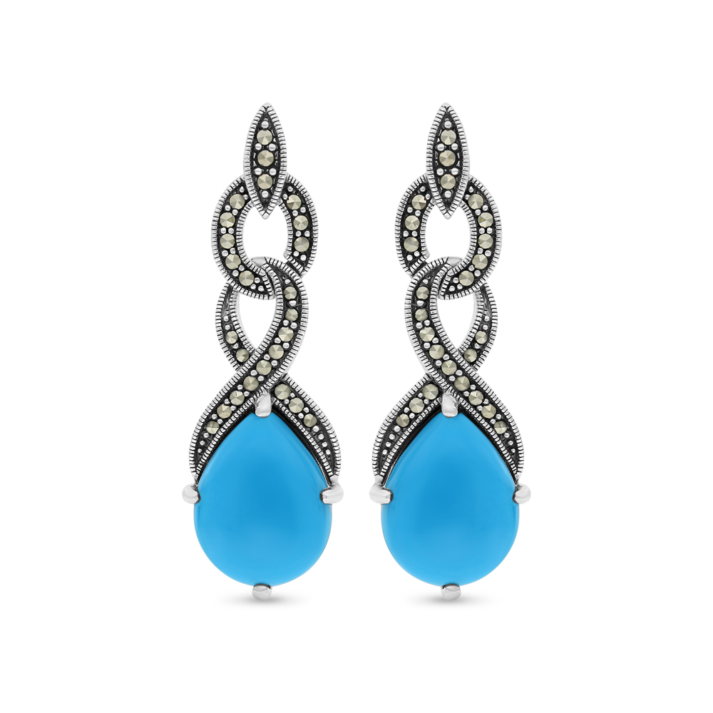 Sterling Silver 925 Earring Embedded With Natural Processed Turquoise And Marcasite Stones