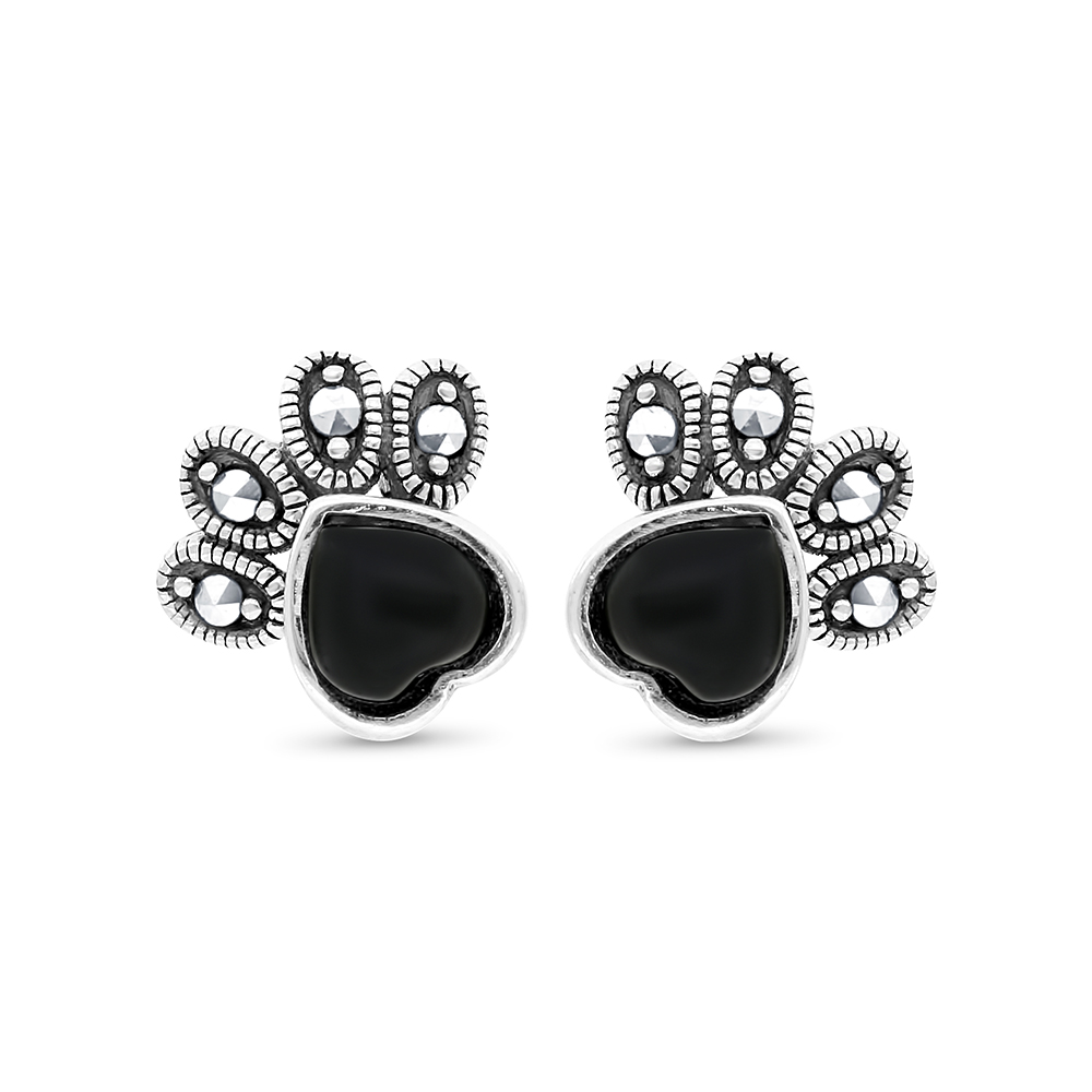 Sterling Silver 925 Earring Embedded With Natural Black Agate And Marcasite Stones