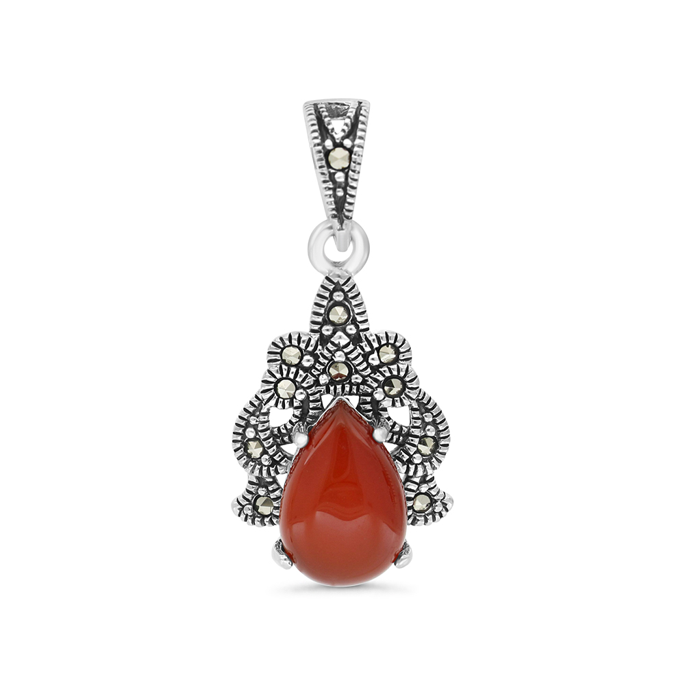 Sterling Silver 925 Pendant Embedded With Natural Aqiq And Marcasite Stones