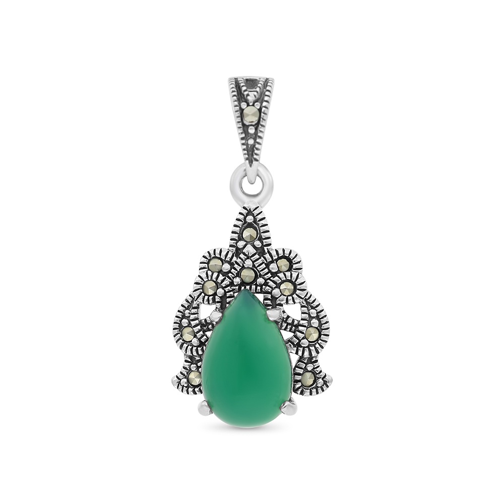 Sterling Silver 925 Pendant Embedded With Natural Green Agate And Marcasite Stones