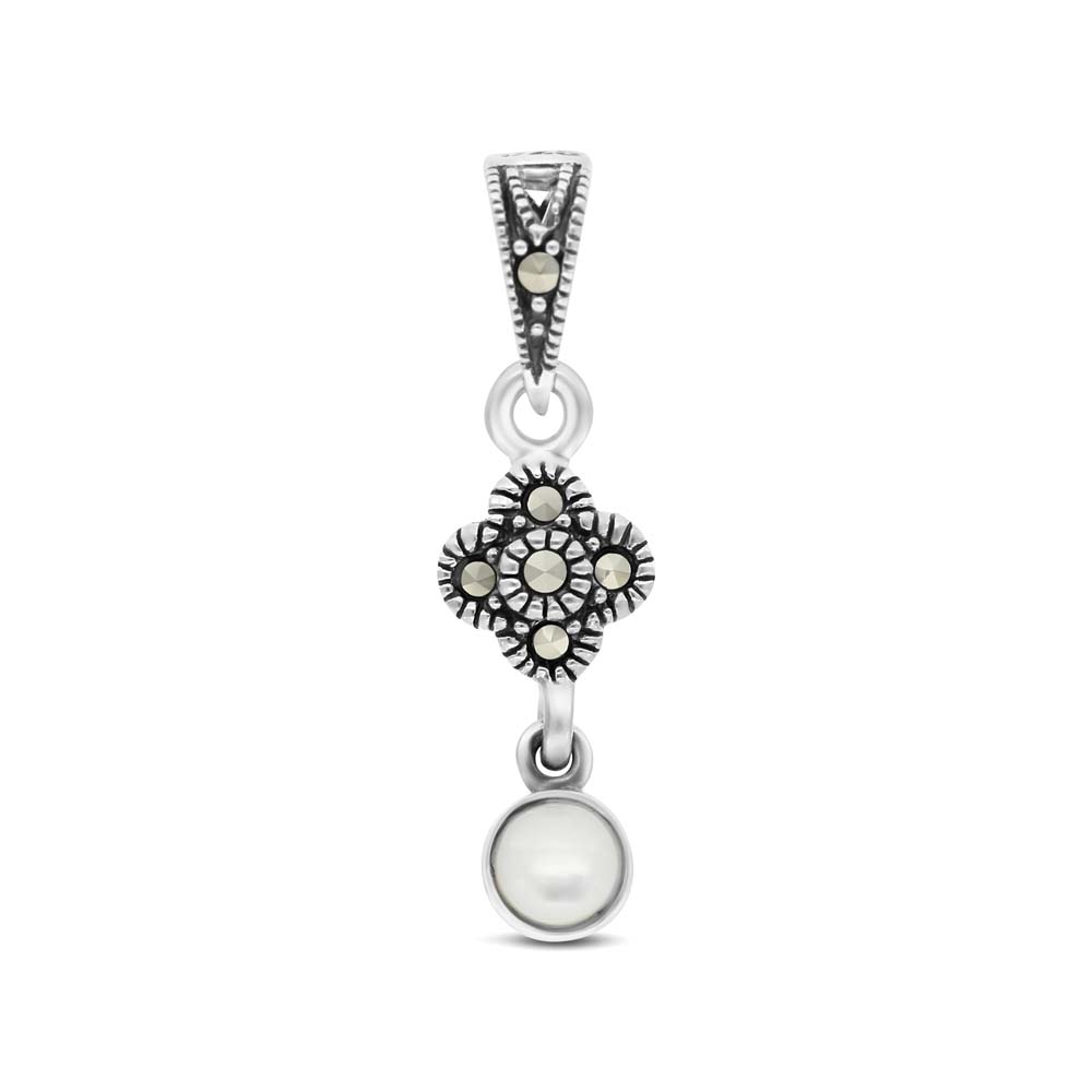 Sterling Silver 925 Pendant Embedded With Natural White Shell And Marcasite Stones