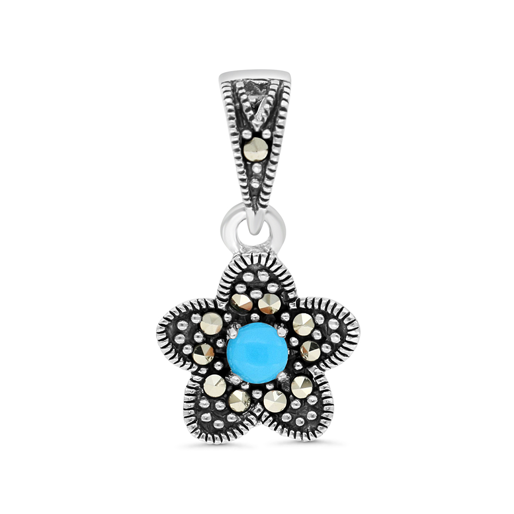 Sterling Silver 925 Pendant Embedded With Natural Processed Turquoise And Marcasite Stones