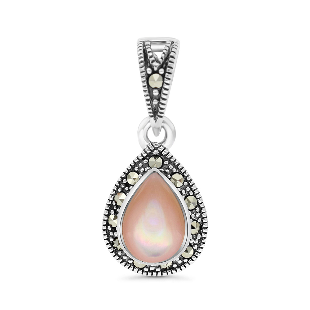 Sterling Silver 925 Pendant Embedded With Natural Pink Shell And Marcasite Stones