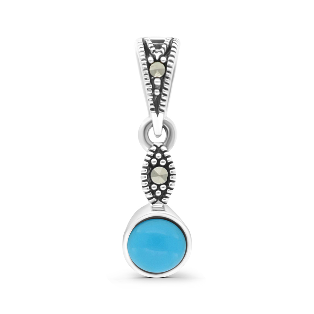 Sterling Silver 925 Pendant Embedded With Natural Processed Turquoise And Marcasite Stones