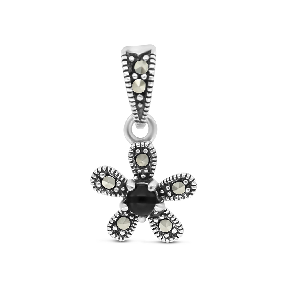 Sterling Silver 925 Pendant Embedded With Natural Black Agate And Marcasite Stones
