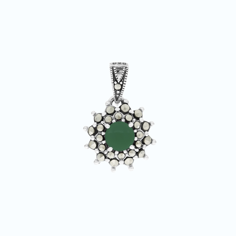 Sterling Silver 925 Pendant Embedded With Natural Green Agate And Marcasite Stones