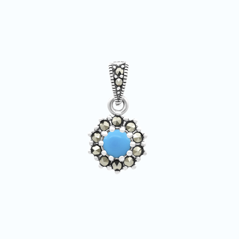 Sterling Silver 925 Pendant Embedded With Natural Processed Turquoise And Marcasite Stones