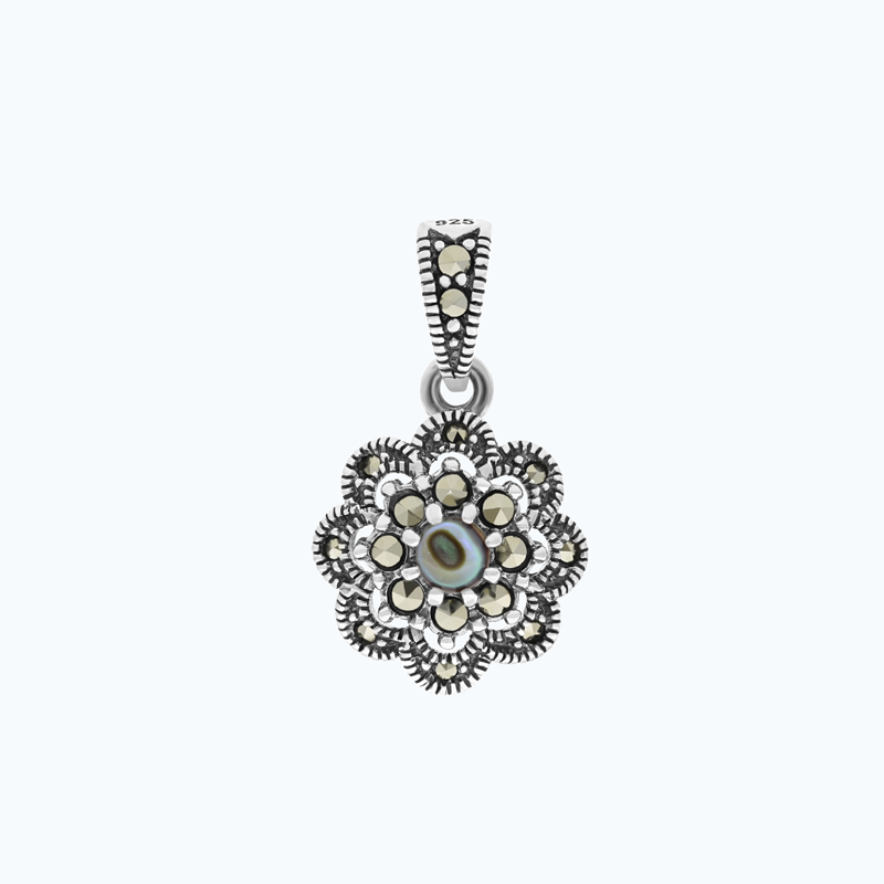 Sterling Silver 925 Pendant Embedded With Natural Blue Shell And Marcasite Stones