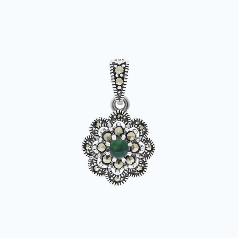 Sterling Silver 925 Pendant Embedded With Natural Green Agate And Marcasite Stones