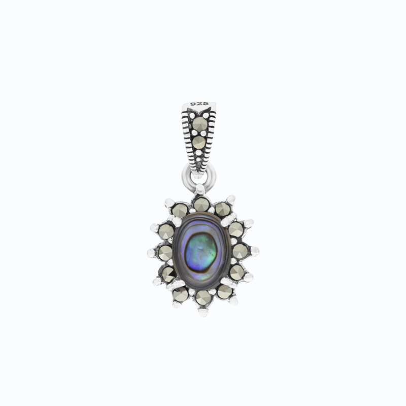 Sterling Silver 925 Pendant Embedded With Natural Blue Shell And Marcasite Stones