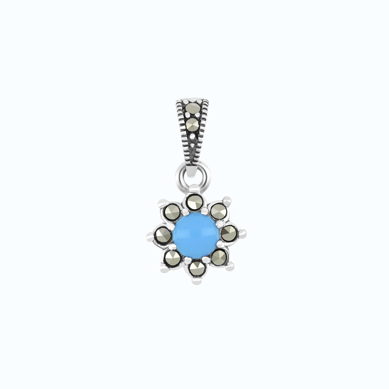 Sterling Silver 925 Pendant Embedded With Natural Processed Turquoise And Marcasite Stones