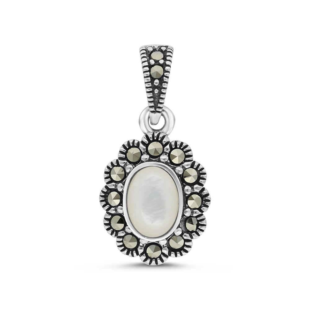 Sterling Silver 925 Pendant Embedded With Natural White Shell And Marcasite Stones