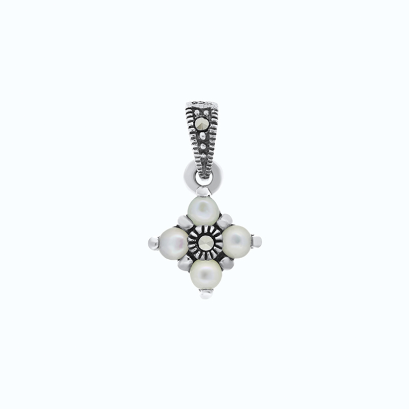 Sterling Silver 925 Pendant Embedded With Natural White Shell And Marcasite Stones