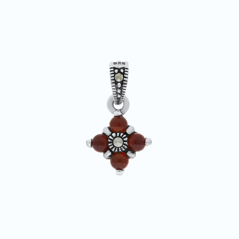 Sterling Silver 925 Pendant Embedded With Natural Aqiq And Marcasite Stones