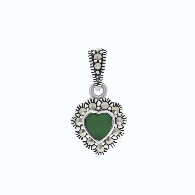 Sterling Silver 925 Pendant Embedded With Natural Green Agate And Marcasite Stones
