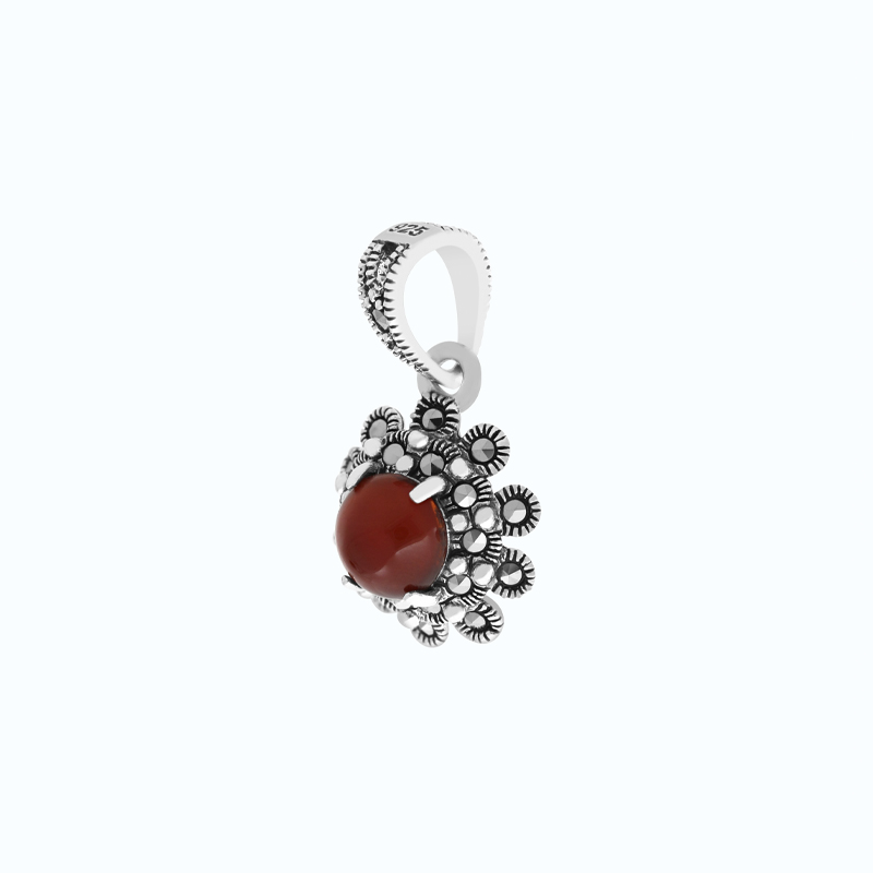 Sterling Silver 925 Pendant Embedded With Natural Aqiq And Marcasite Stones