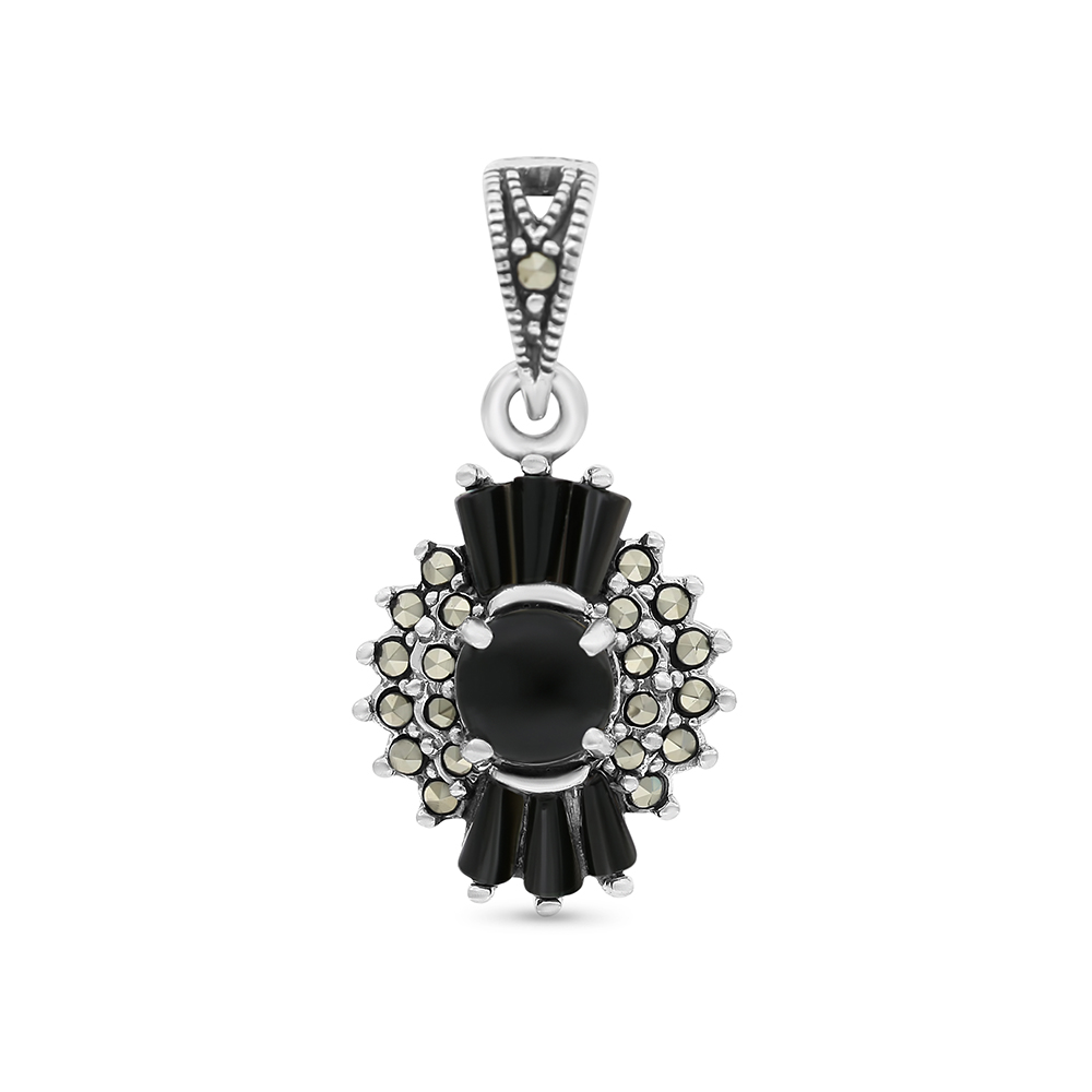Sterling Silver 925 Pendant Embedded With Natural Black Agate And Marcasite Stones