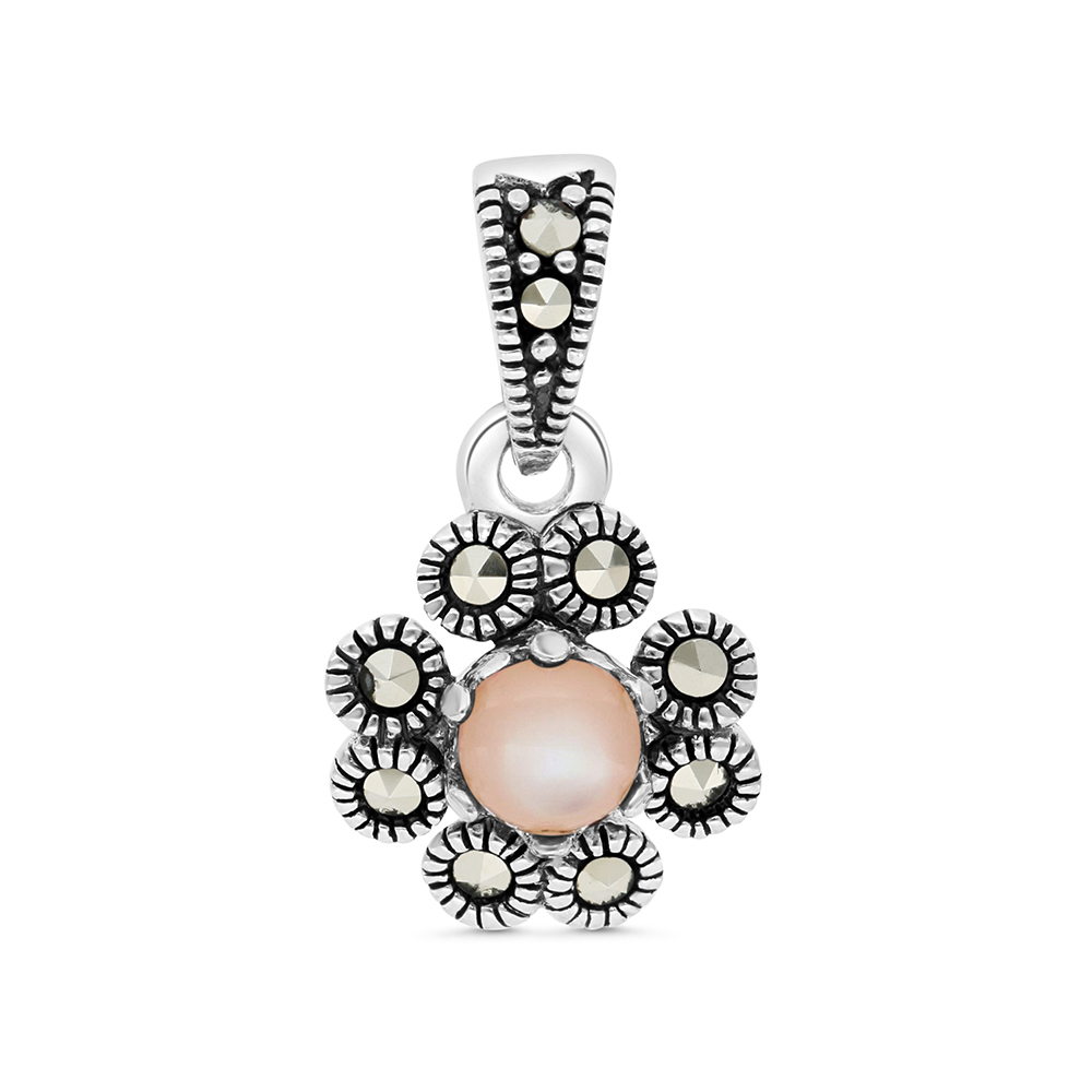 Sterling Silver 925 Pendant Embedded With Natural Pink Shell And Marcasite Stones
