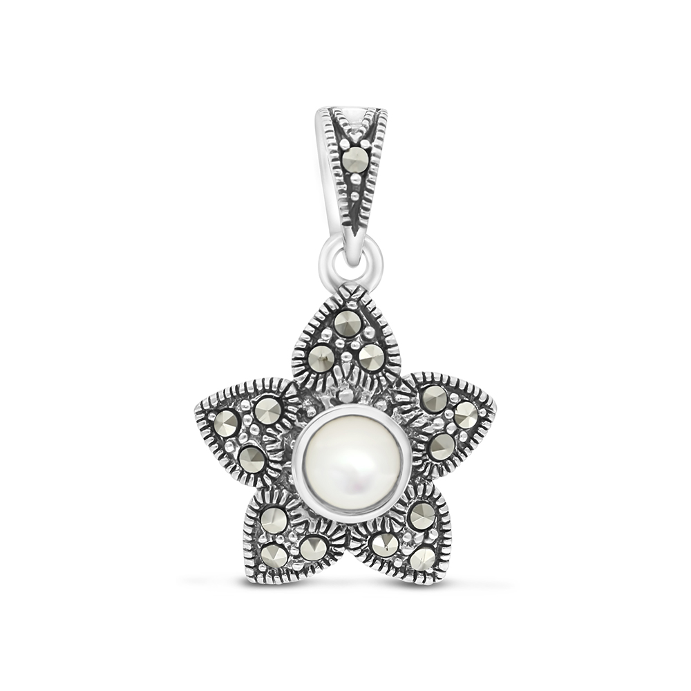 Sterling Silver 925 Pendant Embedded With Natural White Shell And Marcasite Stones