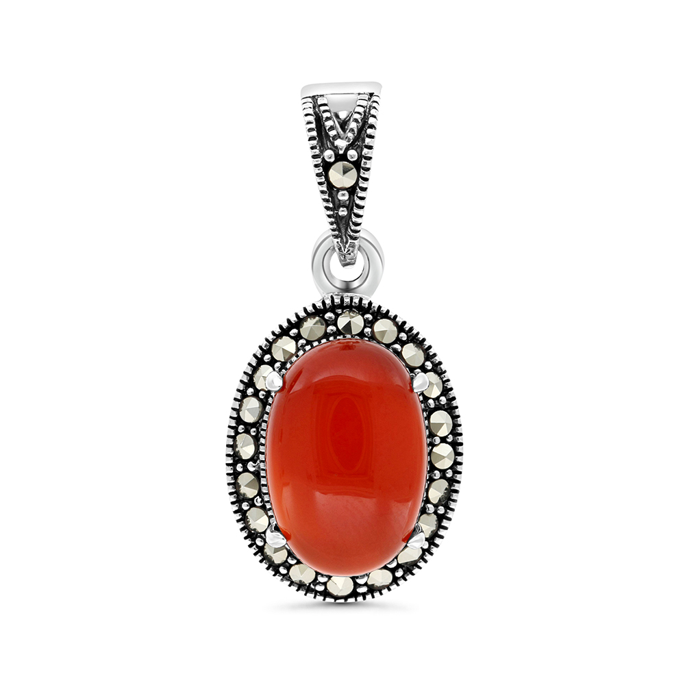 Sterling Silver 925 Pendant Embedded With Natural Aqiq And Marcasite Stones